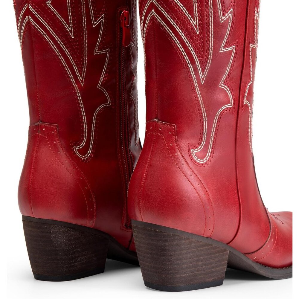 Women's Red Rubber Embroidered Cow Girl Knee High Comfortable Chunky Boots - Picture 6 of 6